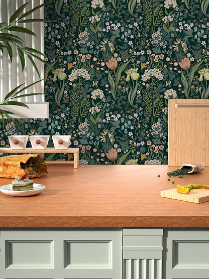 Peel and Stick Wallpaper Vintage Wall Paper Green Floral Contact Paper Removable Wallpaper 17.3"x118" Leaf Flower Self Adhesive for Bedroom Drawer Decor Vinyl Rolls