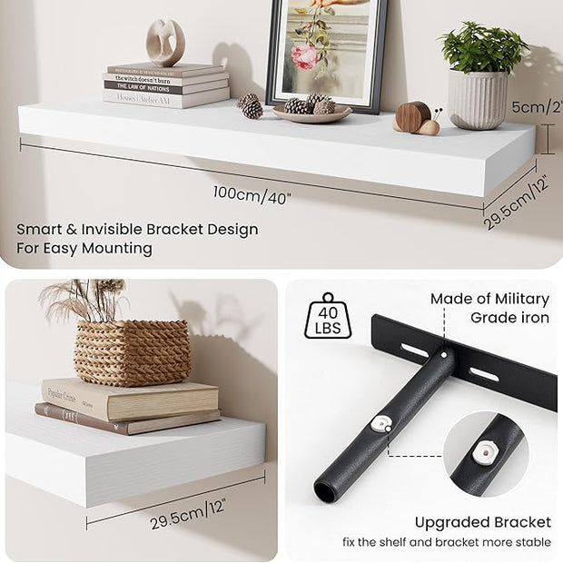 Fun Memories Floating Shelves for Wall, 40 Inch Floating Shelf for Home Decor, Wall Mounted Rustic Wood Shelves 12 Inch Deep, Hanging Deep Shelf for Bedroom, Living Room, Kitchen, White, Set of 2
