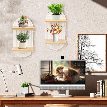 2 Pcs Modern Boho Wooden Rainbow Wall Shelves Shelf Decor, Wood Wall Mount Book Shelf, Floating Shelves for Living Rooms Bathroom Wall Decor Display (03)