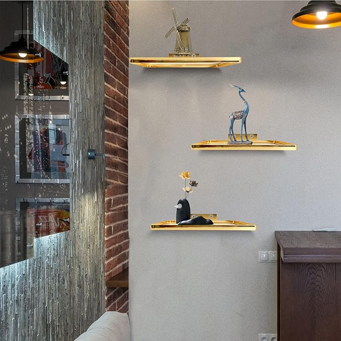 Cityelf Floating Shelves Wall Mounted Wall Decor Iron Glass Hanging Shelf Home Decor Set of 3 Display Ledge Shelves for Living Room Bedroom Office-Gold