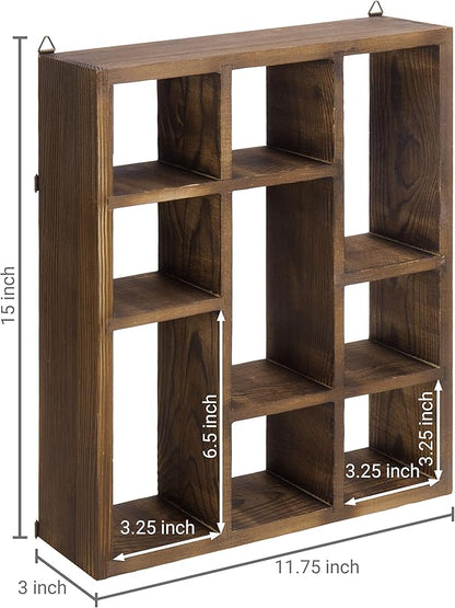 MyGift 9 Compartment Vintage Solid Wood Shadow Box, Wall Mountable Curio Display Case, Freestanding or Floating Shelf for Collectible Figurines, Succulents (Torched)
