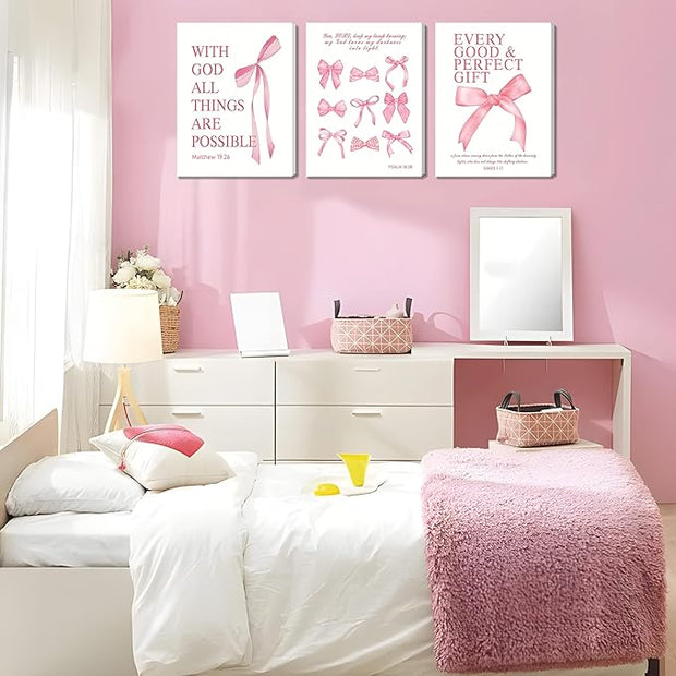 Pink Bow Canvas Wall Art Set of 3, Pink Coquette Dorm Room Wall Decor Paintings, Inspirational Scripture Verses Bows Posters Prints Pictures for Girls Dorm Room Bathroom Bedroom 12x16 Inch Framed