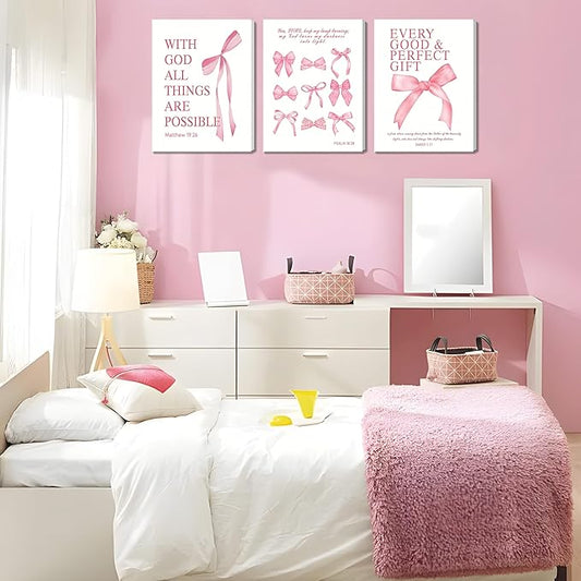 Pink Bow Canvas Wall Art Set of 3, Pink Coquette Dorm Room Wall Decor Paintings, Inspirational Scripture Verses Bows Posters Prints Pictures for Girls Dorm Room Bathroom Bedroom 16x24 Inch Framed