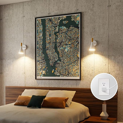Globe Electric 65000147 1-Light Plug-in or Hardwire Wall Sconce, Matte White, Light Wood-Toned On/Off Rotary Switch on Pivoting Shade, 6ft White Braided Fabric Cord, Wall Lights for Living Room