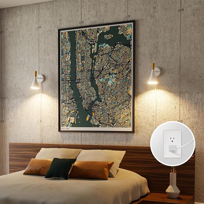 Globe Electric 65000147 1-Light Plug-in or Hardwire Wall Sconce, Matte White, Light Wood-Toned On/Off Rotary Switch on Pivoting Shade, 6ft White Braided Fabric Cord, Wall Lights for Living Room