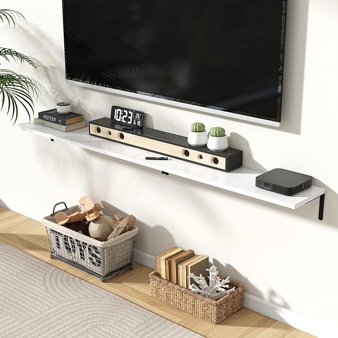 Fun Memories Deep Floating Shelves, 36W x 8D Floating Shelves Set of 2, Wall Mounted Shelf with Metal Brackets, Rustic Wood Wall Shelf for Bathroom, Kitchen and Living Room, White