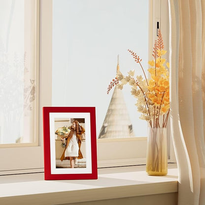 Vittanly 5x7 Picture Frame Set of 4, Display Pictures 4x6 with Mat or 5x7 without Mat, Small Photo Frames for Wall or Tabletop Display, Engineered Wood with Shatter Resistant Plexiglass, Red