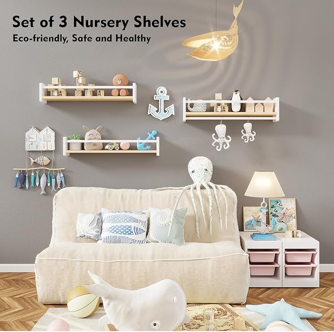 Nursery Floating Bookshelf for Kids, Wall Mounted Kids Book Shelf with Toy Storage, Pine Wood Nursery Shelves for Playroom, Bedroom, Toddler Room, Set of 3 (Pine & White, 15.8 Inches)