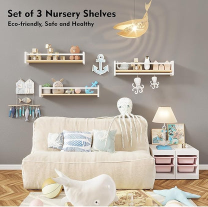 Nursery Floating Bookshelf for Kids, Wall Mounted Kids Book Shelf with Toy Storage, Pine Wood Nursery Shelves for Playroom, Bedroom, Toddler Room, Set of 3 (Pine & White, 15.8 Inches)