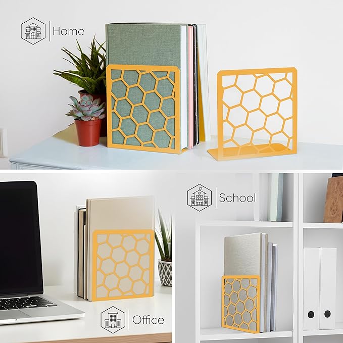 GEOMOD Geometric Honeycomb Gold Metal Bookends Decorative - Tall Sturdy Book Ends for Shelves - Modern Heavy Duty Bookend Stopper - Office or Home Book Shelf Book Holder - 6x3.25x6.25 Inches - 1 Pair