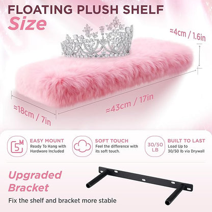 2 Pack Pink Floating Shelves for Wall, Wood Shelf with Fluffy Soft Pink Shag Cover,Wall Mounted Shelves for Bedroom, Living Room, Suitable for Storing Valuable Collectibles,Purses,Handbags,High Heels