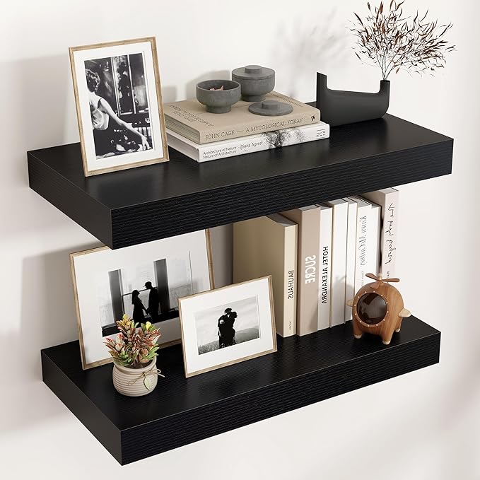 Floating Shelves for Wall, 24 Inch Wide x 12 Inch Deep Floating Shelves, Long Wood Floating Wall Shelf Shelves for Living Room Bathroom Bedroom Kitchen Home - (Black, 24