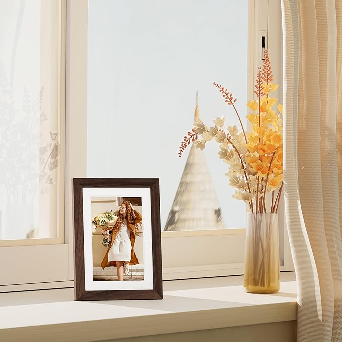Vittanly 5x7 Picture Frame Set of 4, Display Pictures 4x6 with Mat or 5x7 without Mat, Engineered Wood with Shatter Resistant Plexiglass, Small Photo Frames for Wall or Tabletop Display, Brown