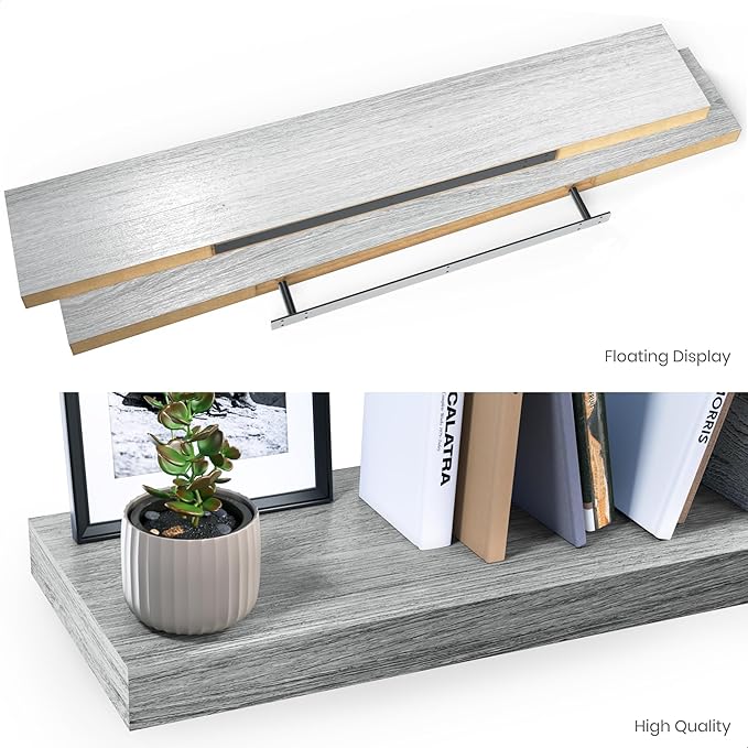 Ballucci Floating Shelves for Wall, 48" Wood Wall Shelf Set of 2, with Invisible Brackets for Bathroom, Living Room, Bedroom, Kitchen, Nursery, 8" Deep, Rustic Gray