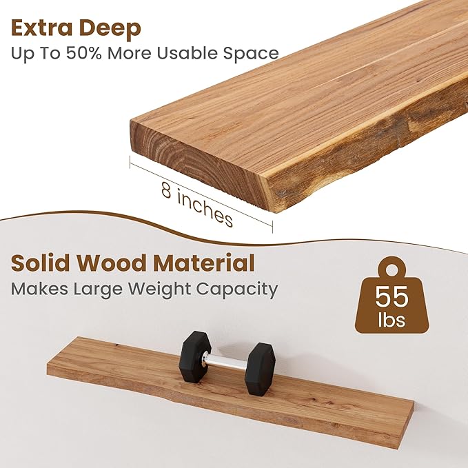 Floating Shelves for Wall Decor, Rustic Solid Elm Wood Live Edge Floating Shelves Wall Mounted, Wall Shelves with Invisible Bracket for Living Room Bathroom Bedroom Kitchen, 40 Inch Set of 1, Natural