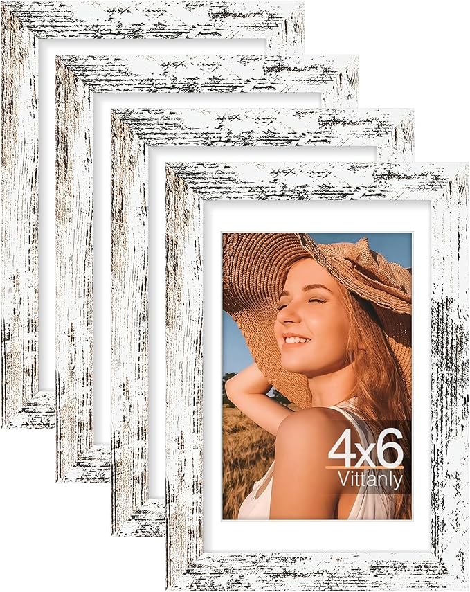 Vittanly 4x6 Picture Frame Set of 4, Display Pictures 3.5x5 with Mat or 4x6 without Mat, Engineered Wood with Shatter Resistant Plexiglass, Small Photo Frames for Wall or Tabletop, Distressed White