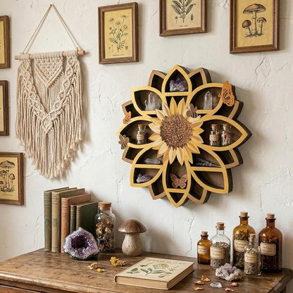 Sunflower Gifts for Women, Sunflower Decor Wooden Wall Floating Shelves with Lifelike Flower & Bee Accents, Trinket Crystal Display Shelf Boho Decor for Home Bedroom Living Room, Birthday Gift for Her