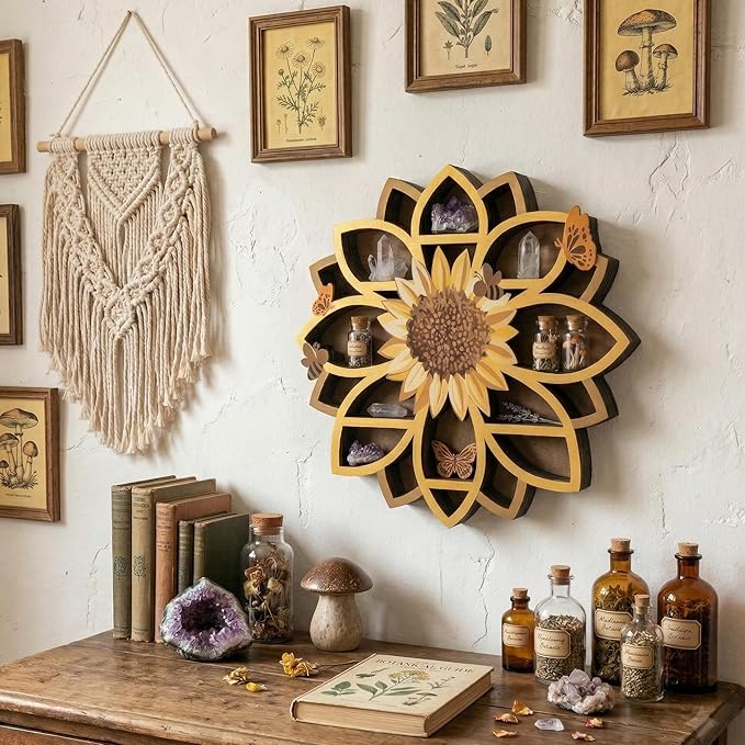 Sunflower Gifts for Women, Sunflower Decor Wooden Wall Floating Shelves with Lifelike Flower & Bee Accents, Trinket Crystal Display Shelf Boho Decor for Home Bedroom Living Room, Birthday Gift for Her