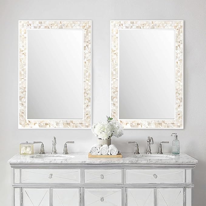 Tanmicoshomy Coastal Bathroom Mirror 24x36 Inch, Mother of PeB0FQ4SCCP3arl Inlay White Mirrors for Bathroom, Bedroom or Living Room