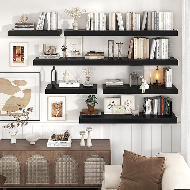 Floating Shelves for Wall, 36" W x 12" D x 2" H, 2 Pack of Long Wall Mounted Engineered Wood Shelves with Invisible Brackets for Living Room, Bedroom, Bathroom, Kitchen Decor, Black