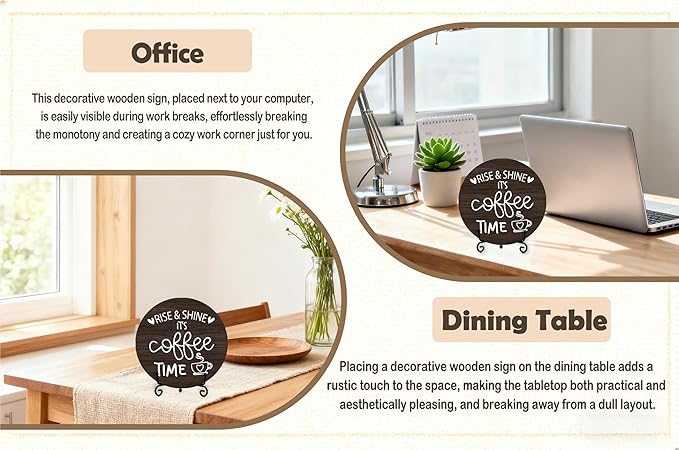 Coffee Desk Decor Sign, Farmhouse Wood Plaque, It Is Coffee Time Wood Sign, Cafe Lover Gifts, Decor For Home Kitchen Table Top, Wooden Round Decorations With Stand-17