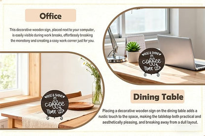 Coffee Desk Decor Sign, Farmhouse Wood Plaque, It Is Coffee Time Wood Sign, Cafe Lover Gifts, Decor For Home Kitchen Table Top, Wooden Round Decorations With Stand-17