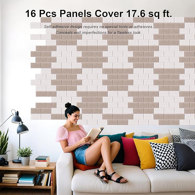 WoveN SounD Brick Acoustic Wall Panels Seamless Visual, High Density, Sound Proof Wall Decor, Noise Blocker Felt Wall Tiles for Home, Studio, Office & Focus Zones (Deep & Light Camel), 16x12x0.4 Inch