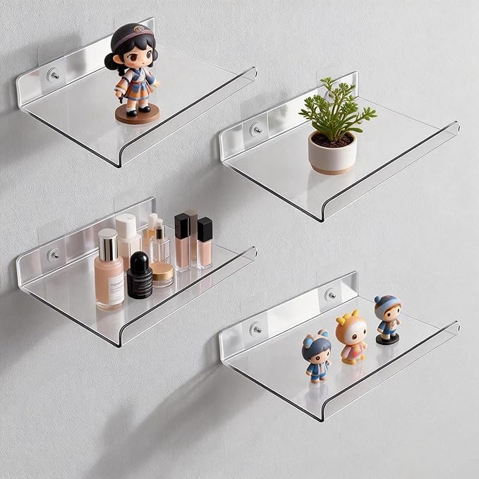 4-Pack Clear Acrylic Floating Shelves with Adhesive & No-Trace Nails - Ultimate No Drill Wall Mounted Display & Storage Organizer for Bathroom, Bedroom, Living Room, Office, 7.87