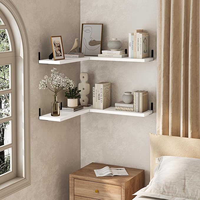 Marsmiles Extra Wide Floating Shelves for Wall, 16x8 Inch Natural Wood Grain Bookshelves, Heavy Duty Mounted Shelving for Bathroom, Kitchen, Living Room, Bedroom,Set of 8，White