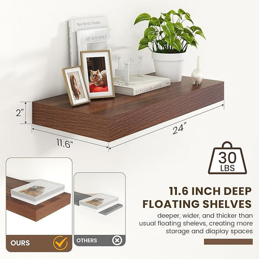 12 Inch Deep Floating Shelves | 24 Inch Walnut Floating Shelves | 24" W x 12" D Rustic Wood Shelves for Wall | Deep Shelves for Living Room Bathroom Laundry Room Kitchen