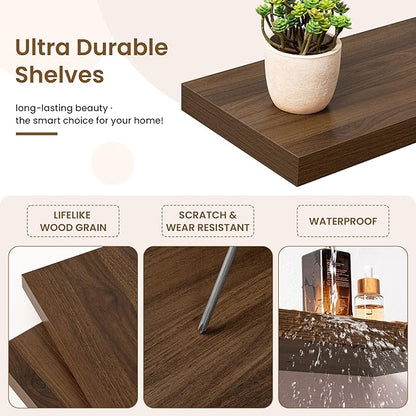 16in Floating Shelves for Wall, 16"W x 9.25"D x 1.25"H, 2 Pack Long Wall Mounted Engineered Wood Shelves with Invisible Brackets for Living Room, Bedroom, Bathroom, Kitchen Decor and Storage, Walnut
