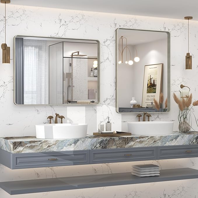 24x28 Inch Silver Bathroom Mirror, Brushed Metal Framed Silver Vanity Mirror for Wall, Shatterproof, Anti- Rust, Horizontally or Vertically Mounted
