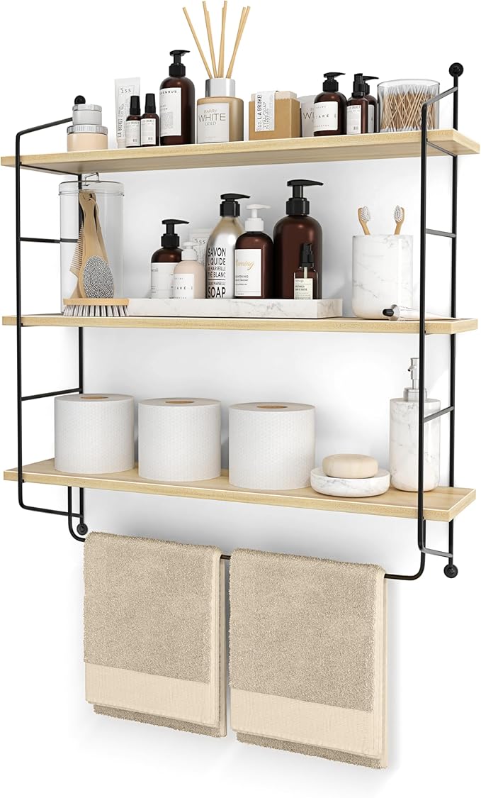 Sorbus 3-Tier Floating Bathroom Shelves for Wall - Wood Wall Storage for Towels, Over The Toilet Storage Cabinet, Gaming Floating Shelves, Bathroom Accessories, and Home Decor (Maple)