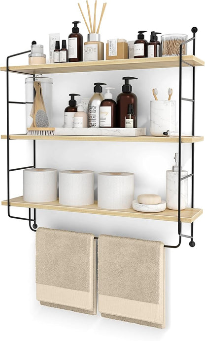 Sorbus 3-Tier Floating Bathroom Shelves for Wall - Wood Wall Storage for Towels, Over The Toilet Storage Cabinet, Gaming Floating Shelves, Bathroom Accessories, and Home Decor (Maple)