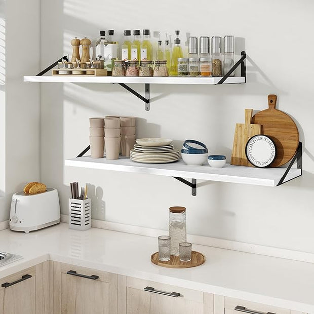 Floating Shelves, 12 Inch Deep Rustic Wood Wall Storage, 48W x 12D Wall Shelves Set of 2, Heavy Duty Metal Brackets, Large Industrial Book Shelf for Living Room, Kitchen, Bedroom, White