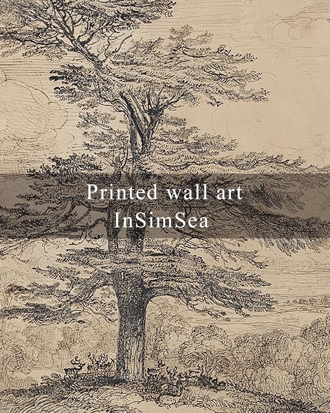 InSimSea Framed Canvas Print Art, Vintage Tree Sketch Landscape Painting, Rustic Farmhouse Cottage Decor for Hallway Wall Floating Shelf Desk Vanity Fireplace,10x8 in, Neutral Tones