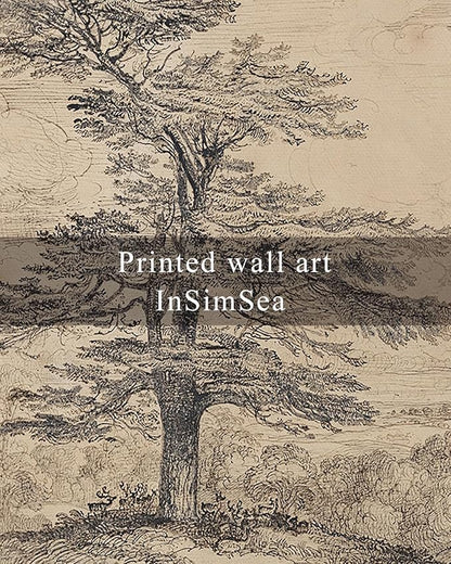 InSimSea Framed Canvas Print Art, Vintage Tree Sketch Landscape Painting, Rustic Farmhouse Cottage Decor for Hallway Wall Floating Shelf Desk Vanity Fireplace,10x8 in, Neutral Tones