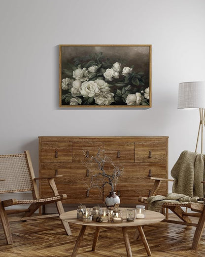 SHENIFY 16x24in Large Vintage Landscape Framed Canvas Wall Art Rose Flower Classic Wall Prints Modern Kitchen Bathroom Office Decor - Natural Framed