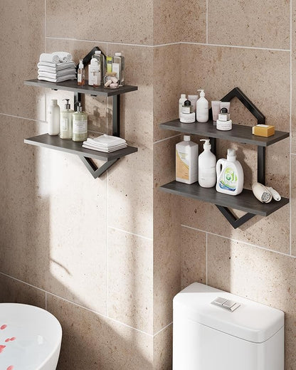 Floating Shelves, Set of 2 Wall Shelf, Wall Mounted Decorative Shelves, 2-Tier Modern Geometric Hanging Storage Shelf for Living Room, Bedroom, Kitchen, Office, Study (Greige + Black)