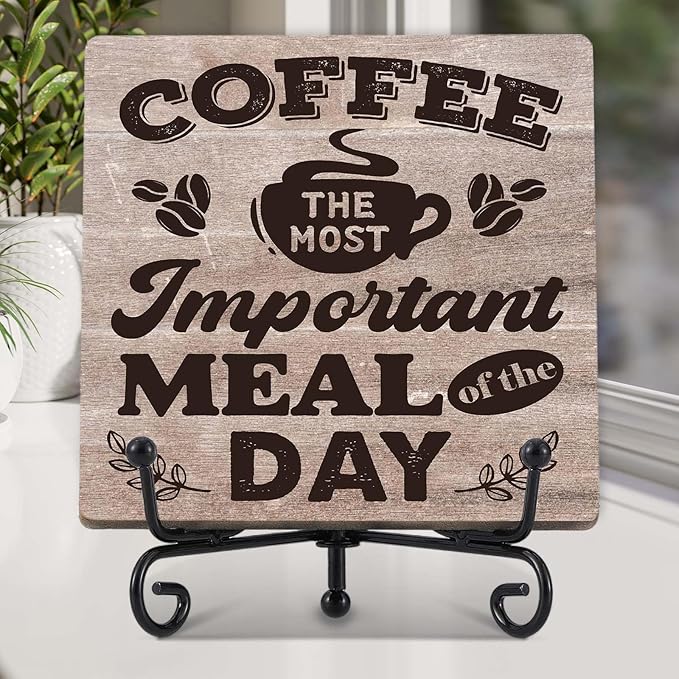 Coffee Bar Decor, Farmhouse Kitchen Table Decor, Coffee Station Accessories, Wooden Decorative Sign with Iron Stand for Table Desk Shelf Display-E18