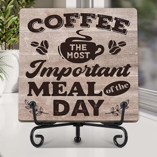 Coffee Bar Decor, Farmhouse Kitchen Table Decor, Coffee Station Accessories, Wooden Decorative Sign with Iron Stand for Table Desk Shelf Display-E18