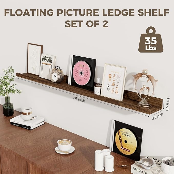 Axeman 36 Inch Floating Shelves | Picture Ledge Shelf Set of 2 | Walnut Wall Shelves with Lip | Walnut Picture Shelf for Wall with Ledge | Photo Ledges 36 Inch
