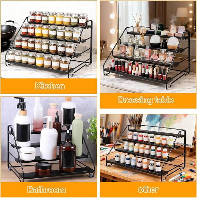 4 Tier Spice Rack for Cabinet, Step Adjustable Spice Shelf, Metal Step Spices Storage Holder with Protection Railing, Seasoning Organizer for Countertop, Cupboard, Pantry