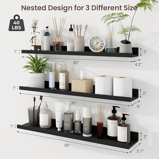 Axeman 30 Inch Floating Shelves | Black Picture Ledge Shelf Set of 3 | Rustic Wood Wall Shelves with Lip | 30