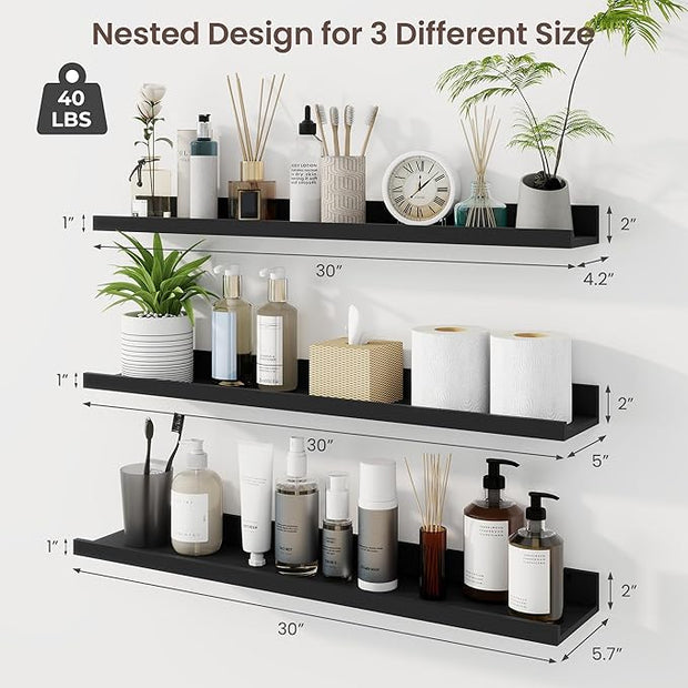 Axeman 30 Inch Floating Shelves | Black Picture Ledge Shelf Set of 3 | Rustic Wood Wall Shelves with Lip | 30" Black Picture Shelf for Wall with Ledge | Photo Shelves