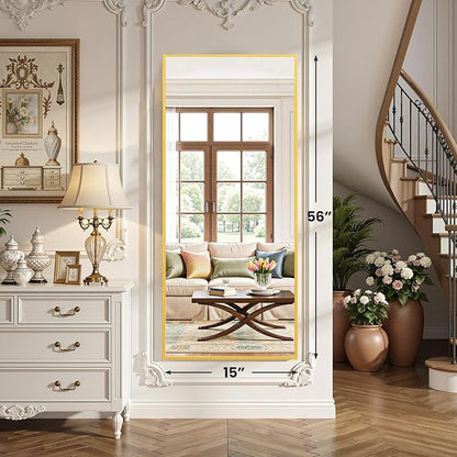 OLIXIS Full Length Mirror for Bedroom, 56"x15" Full Body Mirror with Stand, Hanging or Leaning for Wall, Aluminum Alloy Thin Frame Floor Standing for Living Room, Long, Gold