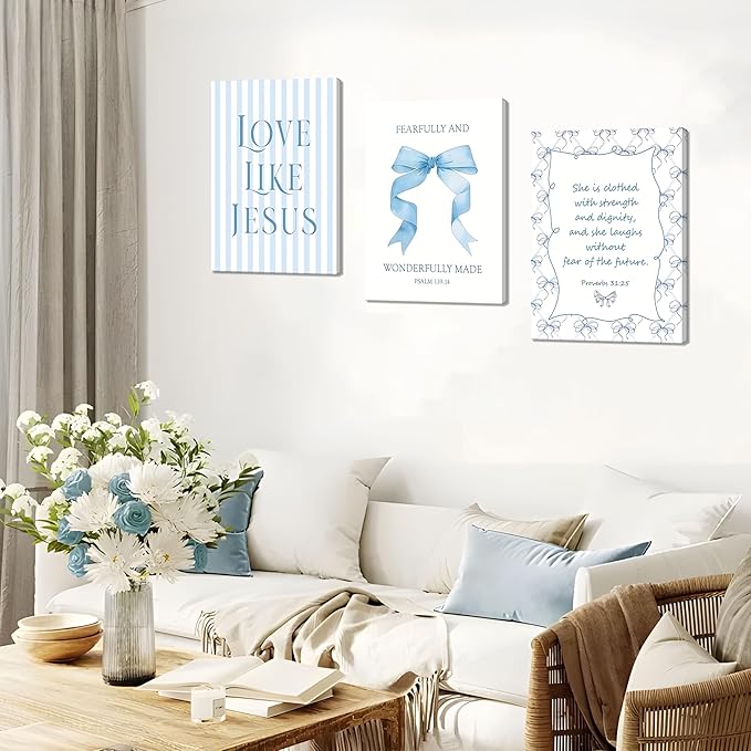 Blue Bow Jesus Wall Art Decor, Light Blue Coquette Dorm Room Wall Decor Paintings, Inspirational Bible Verses Canvas Posters Prints Pictures for Girls Dorm Room, Bedroom, Bathroom 12x16 Inch Framed