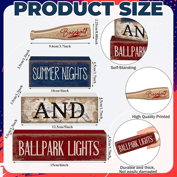 4 Pcs Baseball Decorations Stacked Wooden Blocks Signs with Bat Topper, Summer Nights Ballpark Lights Decor - Baseball Table Decor Ideal Gift for Fans Boys Room Party Coffee Shelf