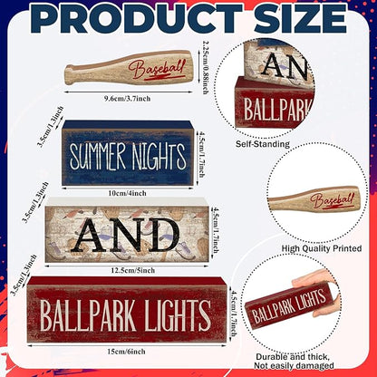 4 Pcs Baseball Decorations Stacked Wooden Blocks Signs with Bat Topper, Summer Nights Ballpark Lights Decor - Baseball Table Decor Ideal Gift for Fans Boys Room Party Coffee Shelf