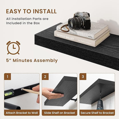 fuqing Floating Shelves for Wall, Wall Mounted Wood Floating Shelf with Invisible Brackets for Living Room, Bathroom, Bedroom, Kitchen Storage and Decor, 55 Inch Set of 2, Black